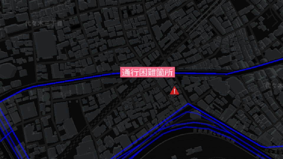 車両から提供される通行実績やハザードランプ作動情報から、路面冠水等による通行困難状況を分析(イメージ)